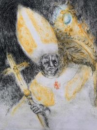 Papst auf Stuhl, Kirche am Abgrund, Religionskritik, Radierung Jörg Schmidt-Wottrich