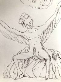 Federzeichnung, Karikatur, narzisstisches Dilemma, Engel mit erigiertem Schwanz